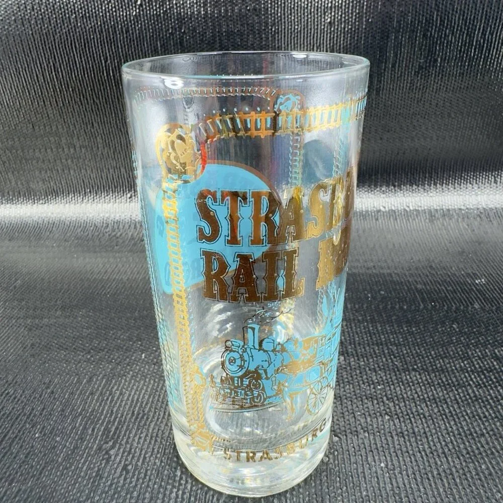 1960s STEAMBURG RAIL ROAD Barware Glasses Cups‎ Highball Tumblers Vintage Set 3